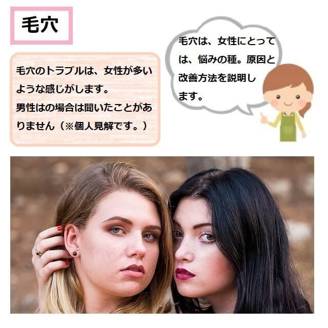 毛穴は、女性にとっては、悩みの種。原因と改善方法を説明します。